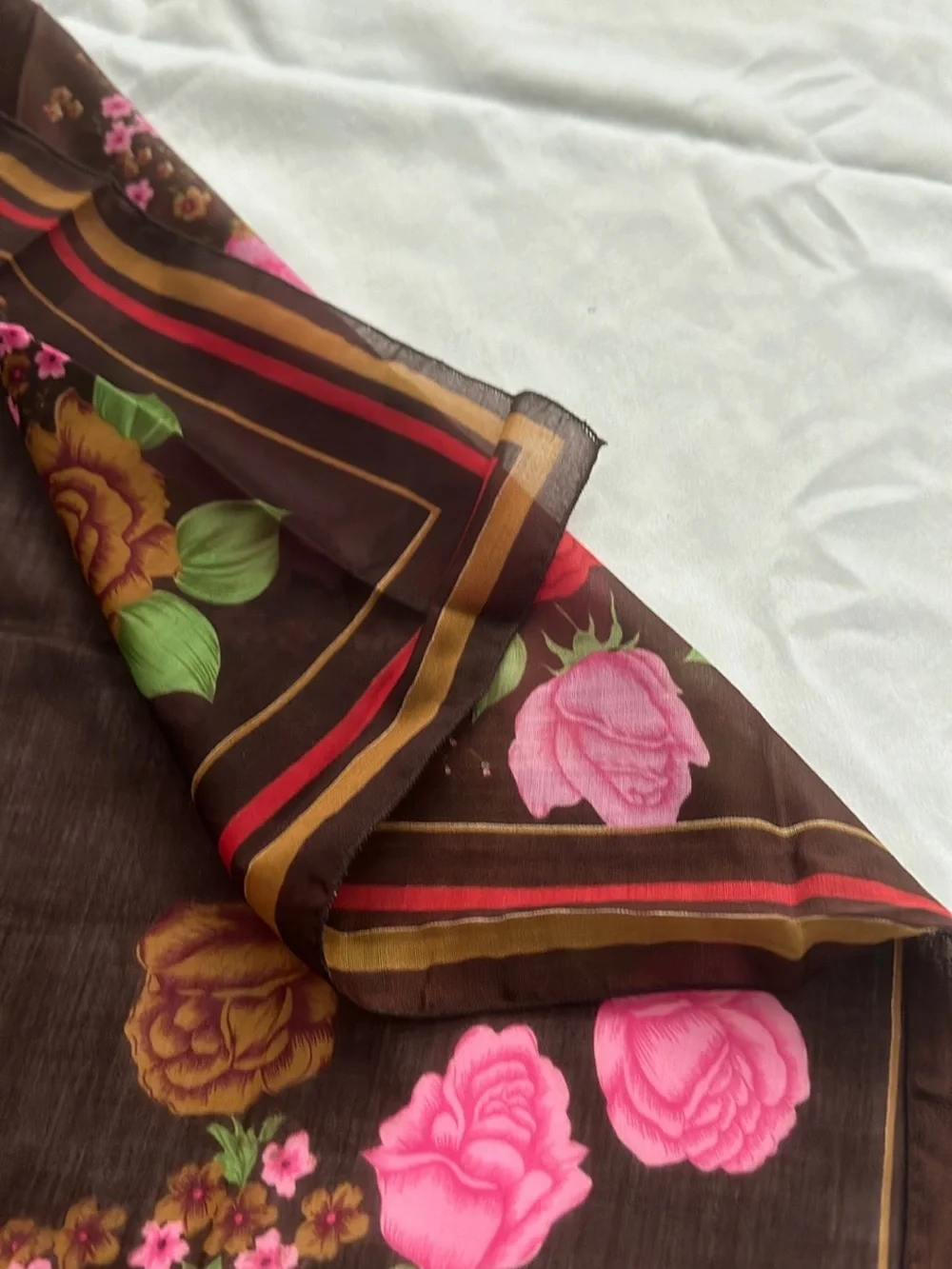 Vintage Floral Scarf Brown with Pink & Red Roses
